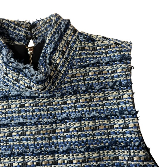 Tyler Boe Tweed High Neck Sleeveless Sheath Dress Fringe Blue Gold Size 8 - Picture 3 of 9